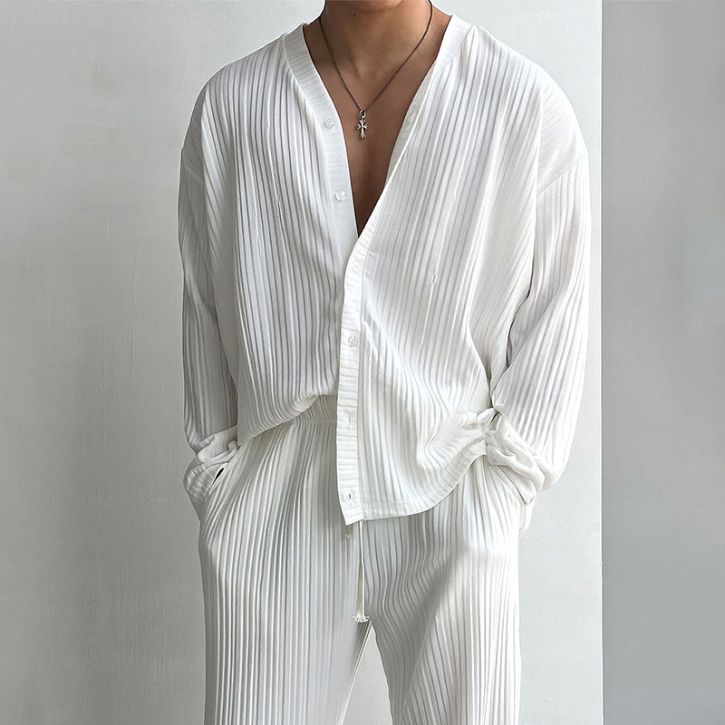 Textured V-neck Cardigan and Trousers Set