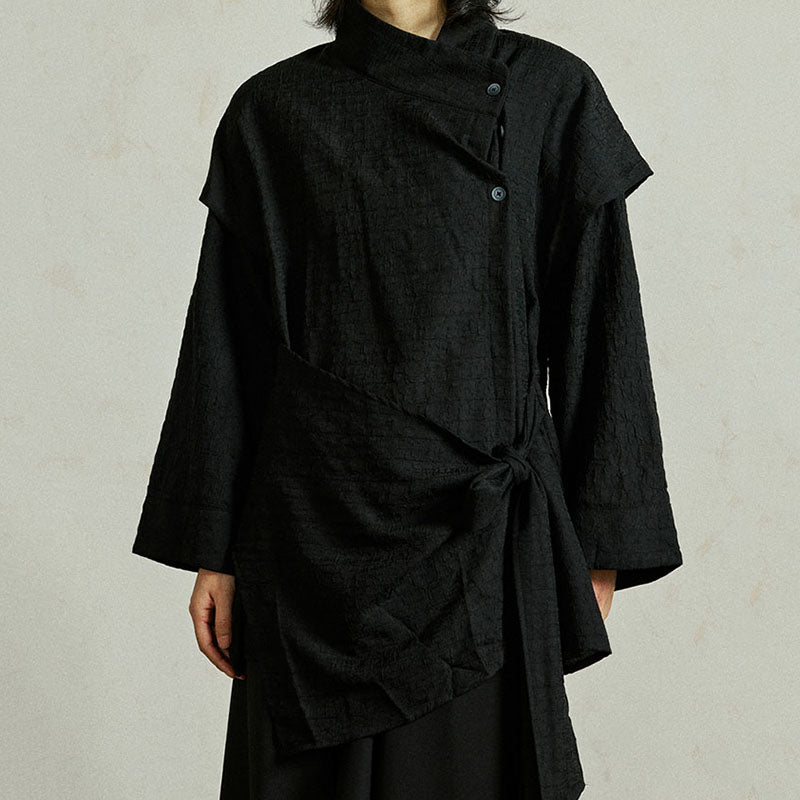 Textured Slanted Placket Tie-Strap Fake Two-Piece Shirt
