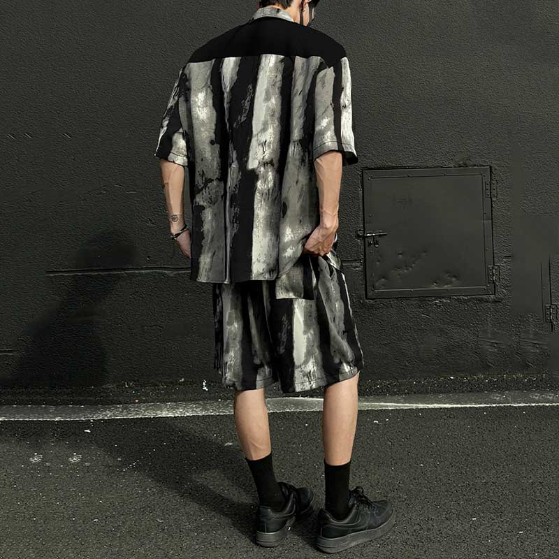 Summer Loose Ice Silk Shirt Ink Tie-dyed Short-sleeved Shorts Two-piece Suit