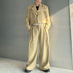 Deconstructed Lace-Up Cropped Blazer Contrast Leather Drawstring Wide-Leg Pants Two-Piece Set