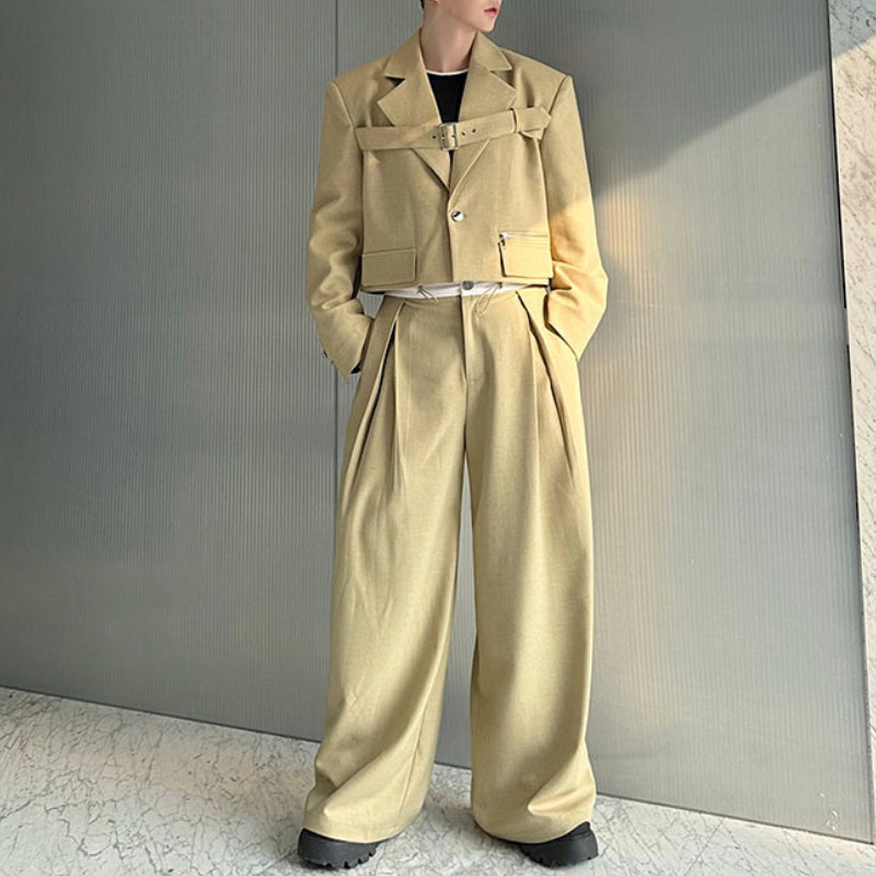 Deconstructed Lace-Up Cropped Blazer Contrast Leather Drawstring Wide-Leg Pants Two-Piece Set