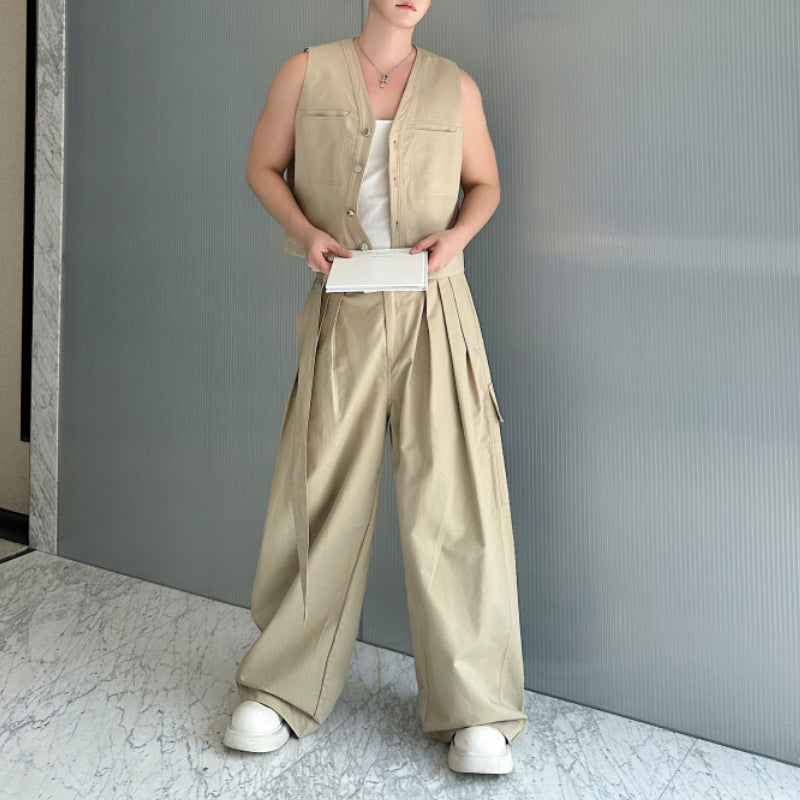 Casual Short Cardigan Vest Wide Leg Trousers Workwear Two-piece Set