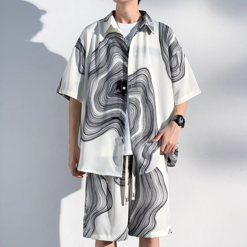 Summer Thin Ice Silk Drape Casual Shirt Loose Shorts Two-piece Set