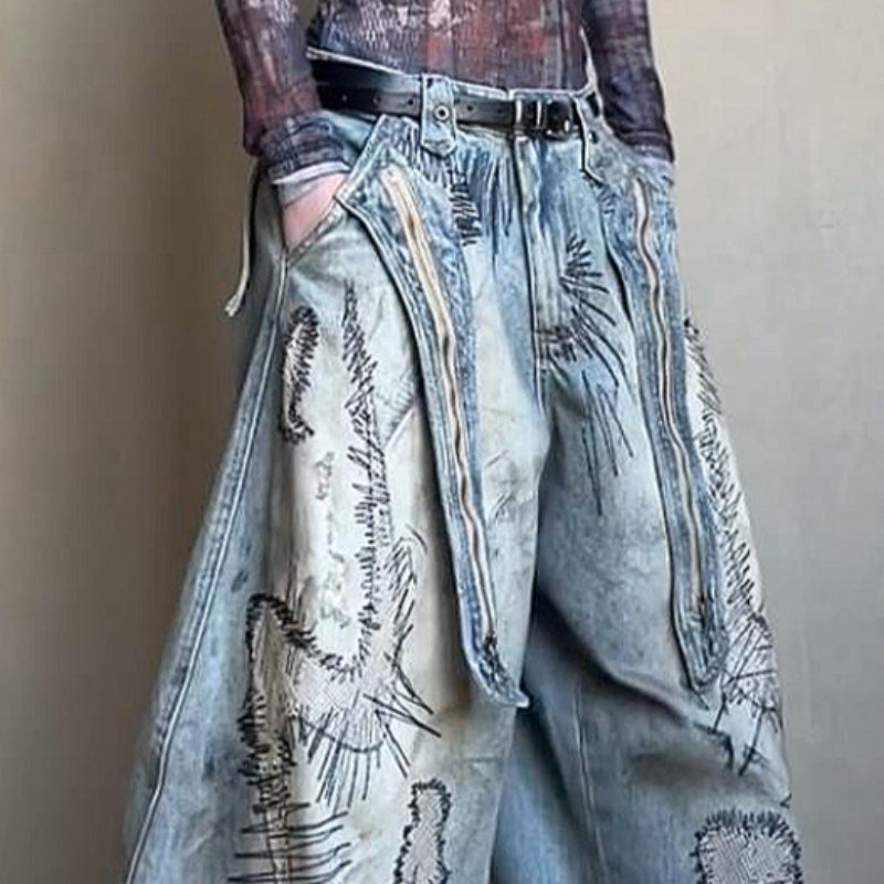 Stitch Embroidery Dyed Denim Loose Wide Leg Scimitar Pants