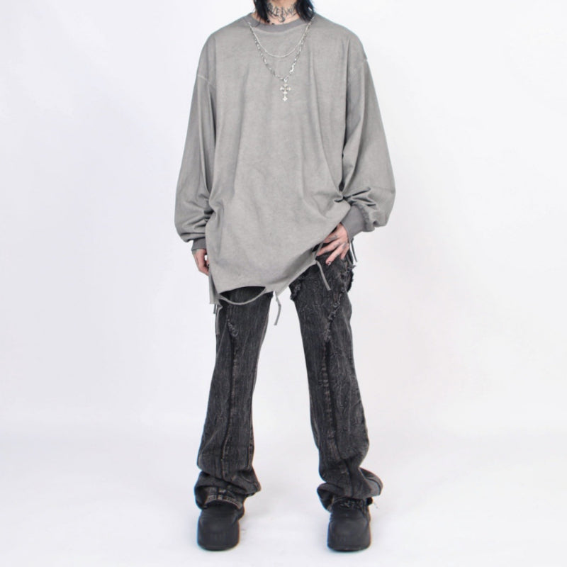 Distressed Washed Hem Hand Cut Holes Loose T-shirt