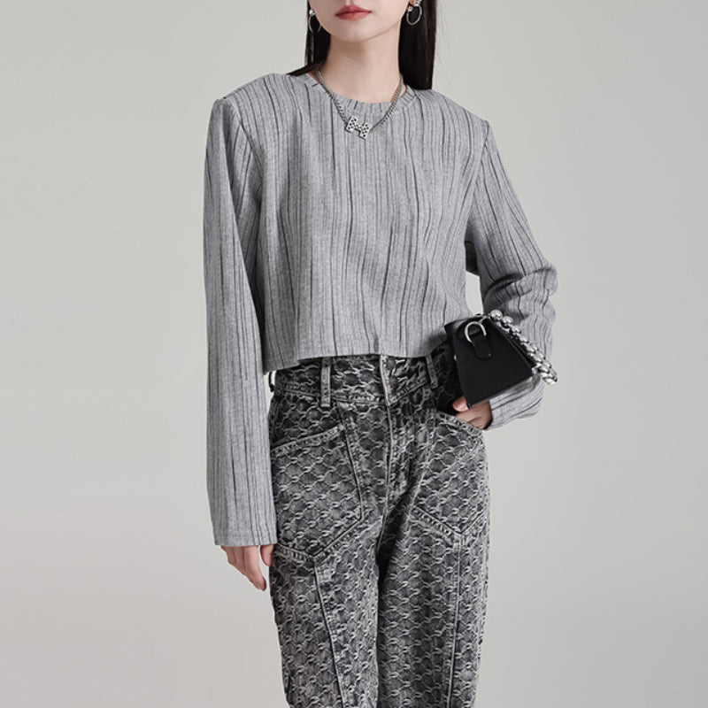 Vertical Stripe Long Sleeve Round Neck T-Shirt