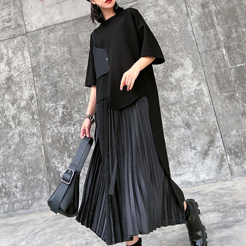 Japanese Casual Two-piece Irregular Short-sleeved Pleated Skirt
