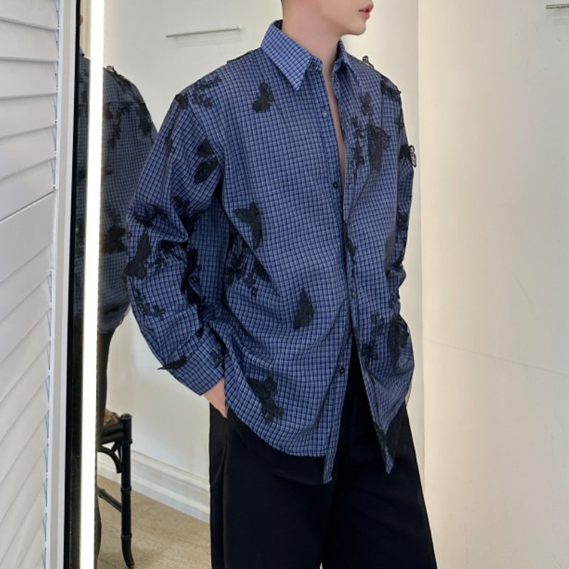 Vintage Butterfly Lace Mesh Splicing Plaid Shirt