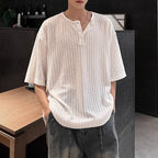 Striped Knit Henley Collar Casual T-Shirt
