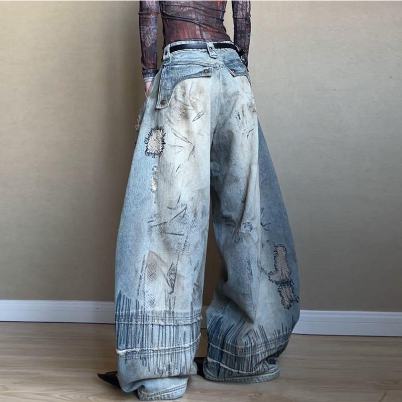 Stitch Embroidery Dyed Denim Loose Wide Leg Scimitar Pants