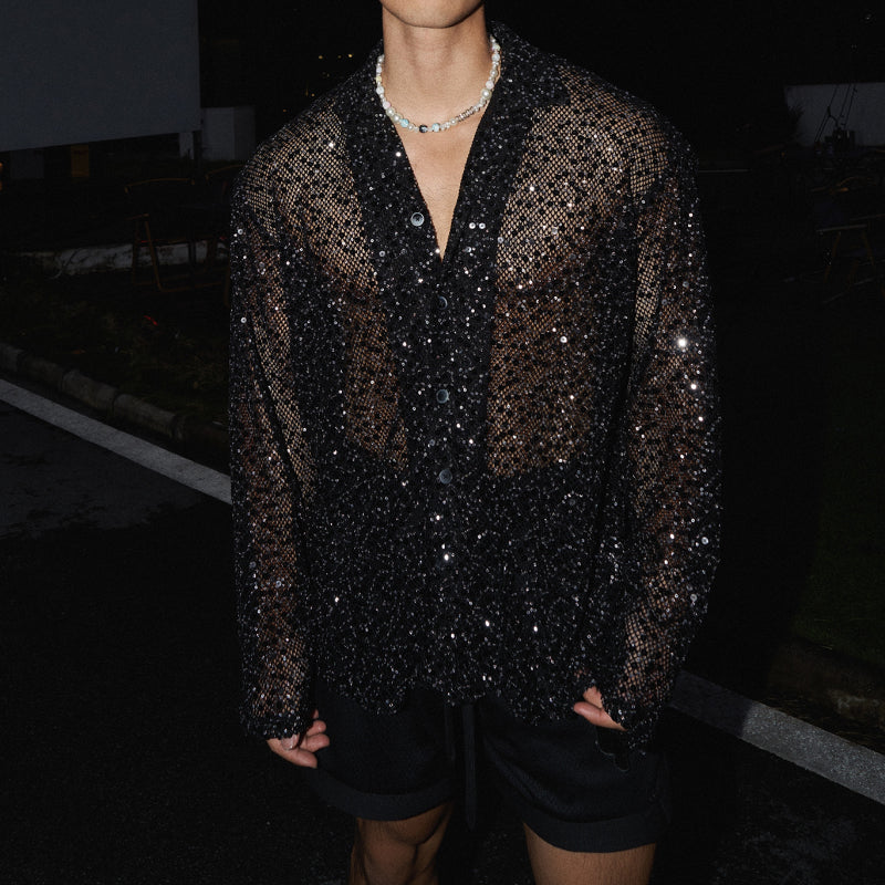 Shiny Silver Sequined Hollow Long Sleeve Shirt
