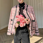Raw Edge Collarless Tweed Webbing Paneled Jacket