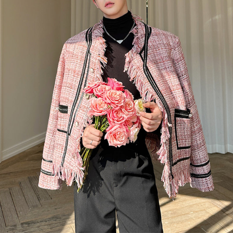 Raw Edge Collarless Tweed Webbing Paneled Jacket