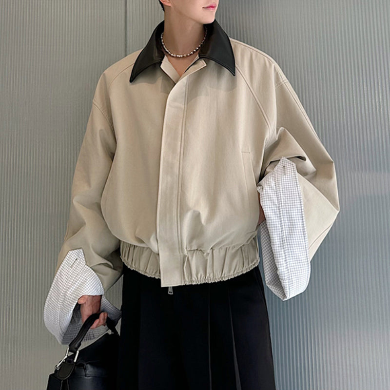 Leather Collar Contrast Plaid Oversized Turned-sleeve Cotton Jacket
