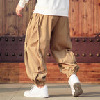 Vintage Buckle Trim Waffle Casual Harem Pants