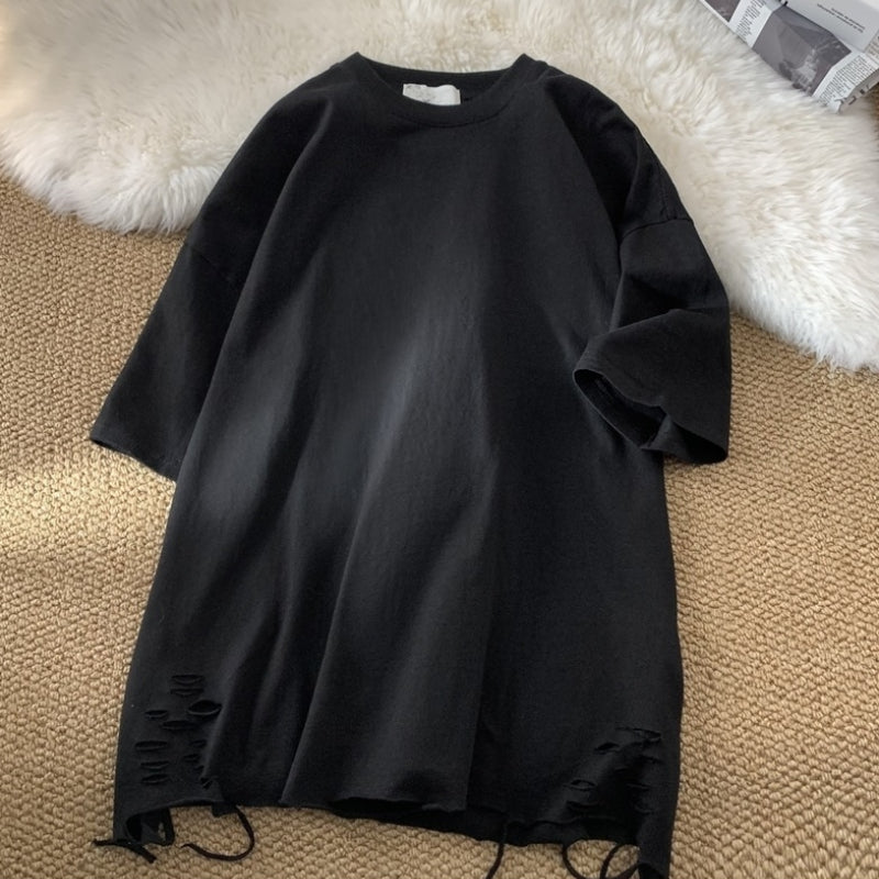 Ripped Solid Color Round Neck T-shirt