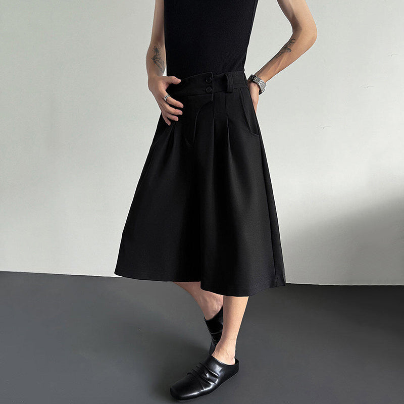 Button-embellished Draped Wide-leg Casual Suit Shorts