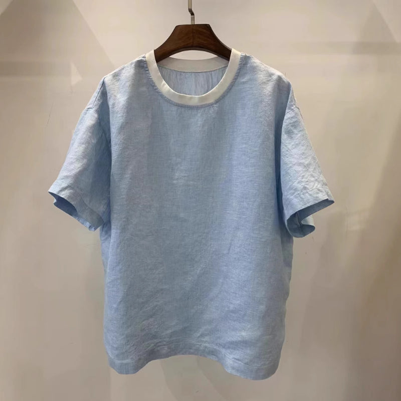 Japanese Striped Linen Loose Round Neck T-shirt