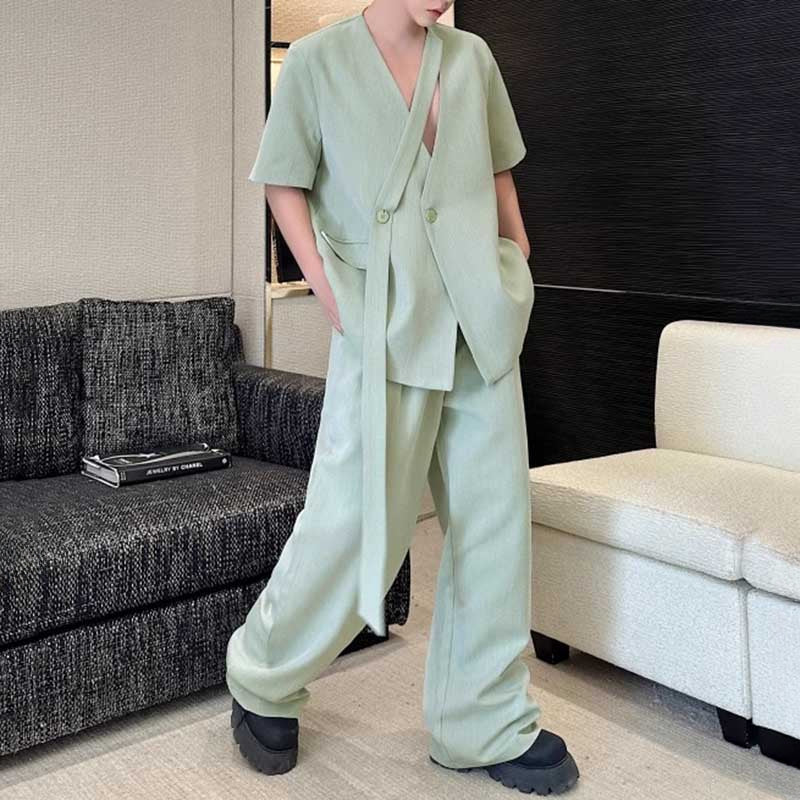 Collarless Ribbon Shoulder Pad Short Sleeve Suit Wide Leg Pants Two Piece Suit