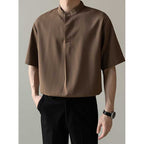 Loose Stand Collar Ice Silk Texture Casual Shirt