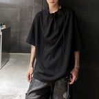 Drawstring Neckline Padded Shoulder T-shirt