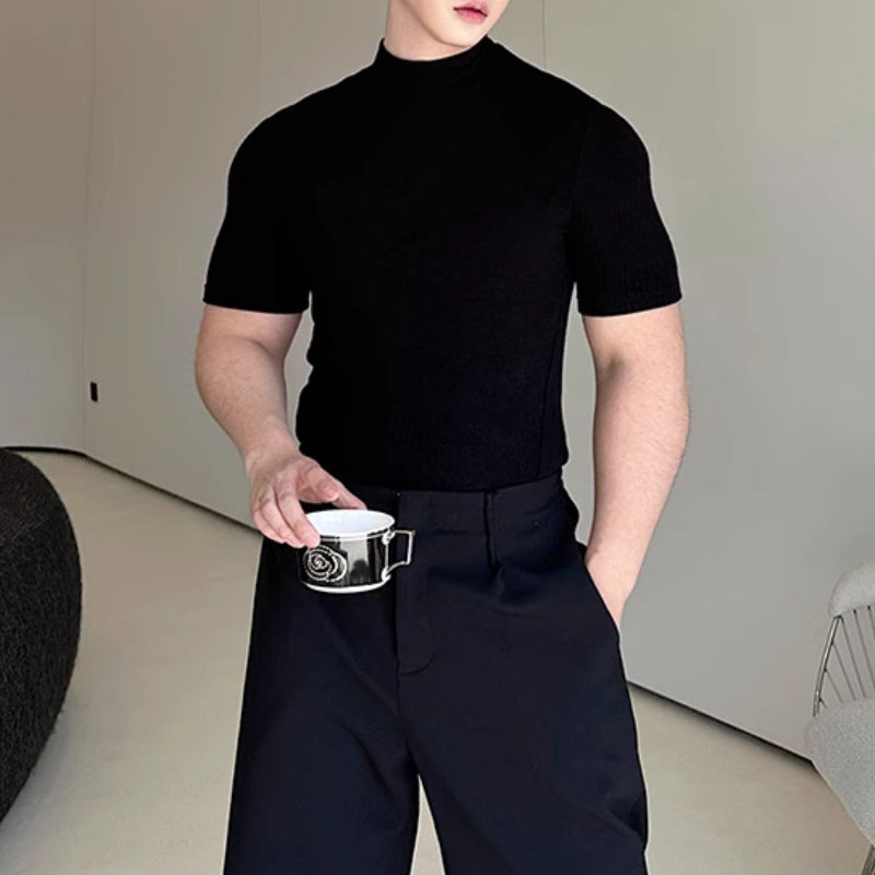 Half Turtleneck Solid Color Elastic Tight T-shirt