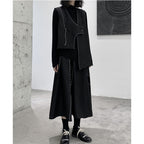 Irregular Pleated Topstitched A-Line Midi Skirt