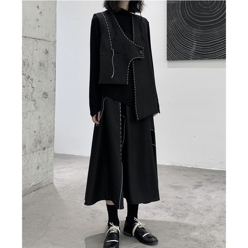 Irregular Pleated Topstitched A-Line Midi Skirt