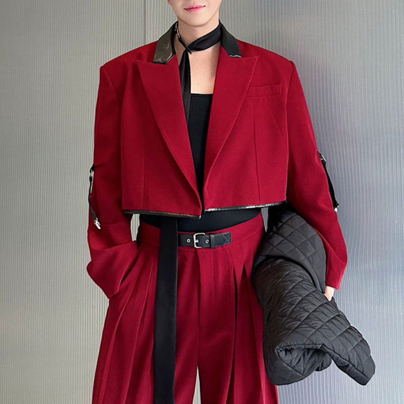 Contrast Color Patchwork Leather Short Jacket Draped Wide-leg Pants Red Suit Two-piece Suit