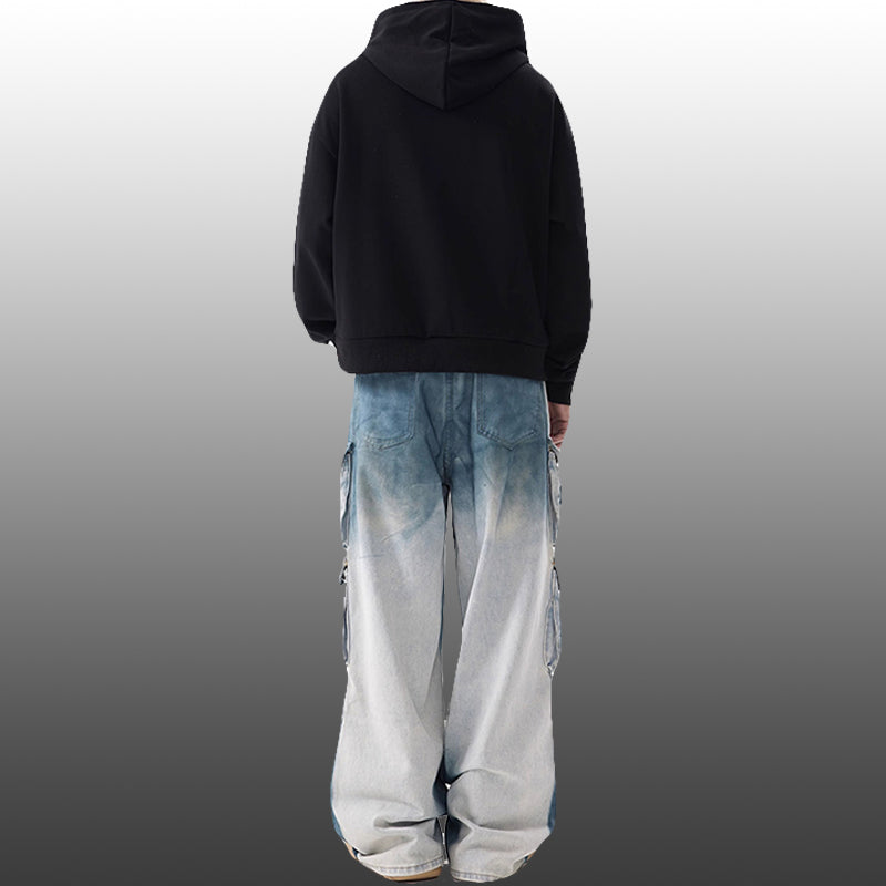 American Retro Tie-dye Gradient Multi-pocket Wide-leg Jeans