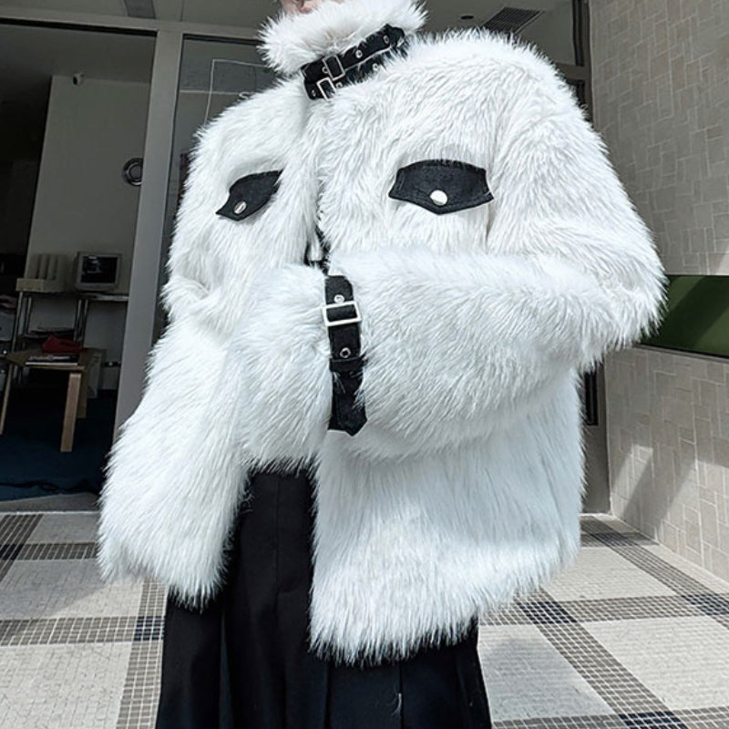 Reversible Deconstructed Leather Paneled Faux Fur Coat