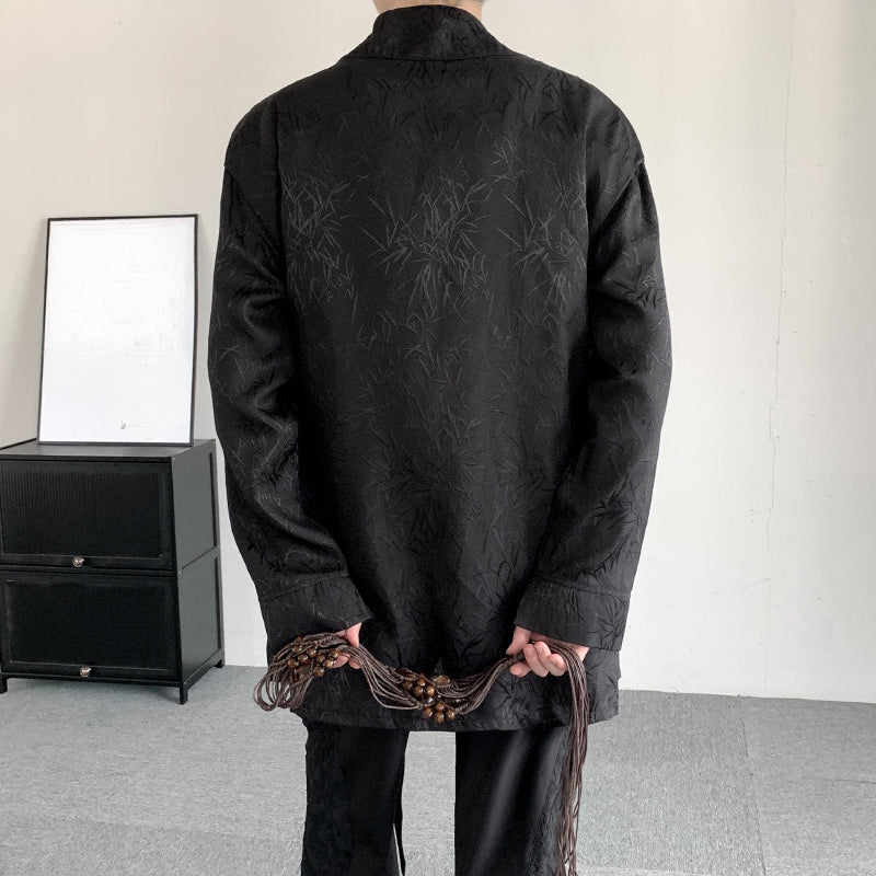 Retro Bamboo Jacquard Embroidery Fake Two-piece Cardigan Shirt