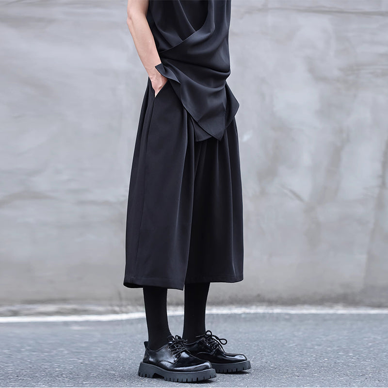 Drawstring Elastic Waist Pleated Solid Culottes