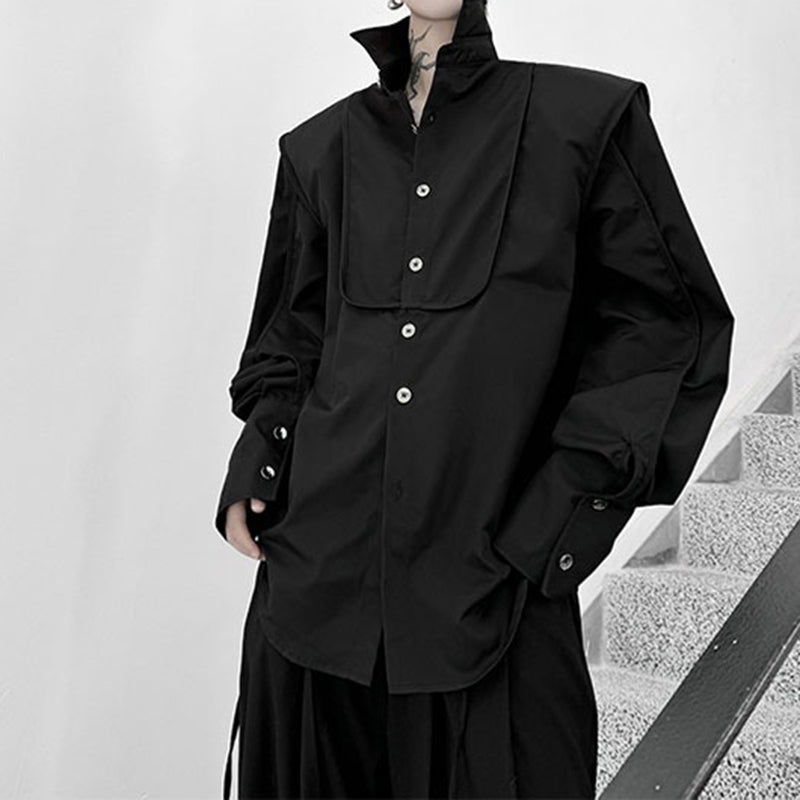 Tie-decorated Button-down Shoulder-padded Solid Color Shirt