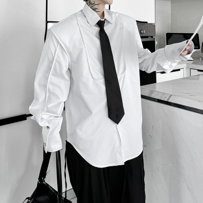 Tie-decorated Button-down Shoulder-padded Solid Color Shirt