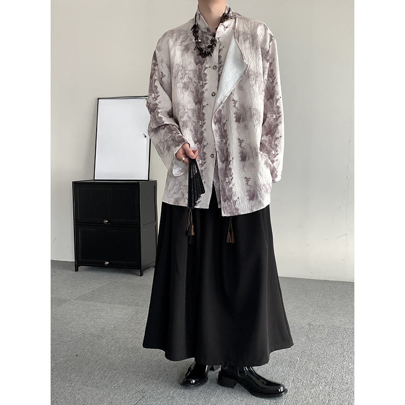 Retro Jacquard Stitching Stand Collar Ink Print Shirt