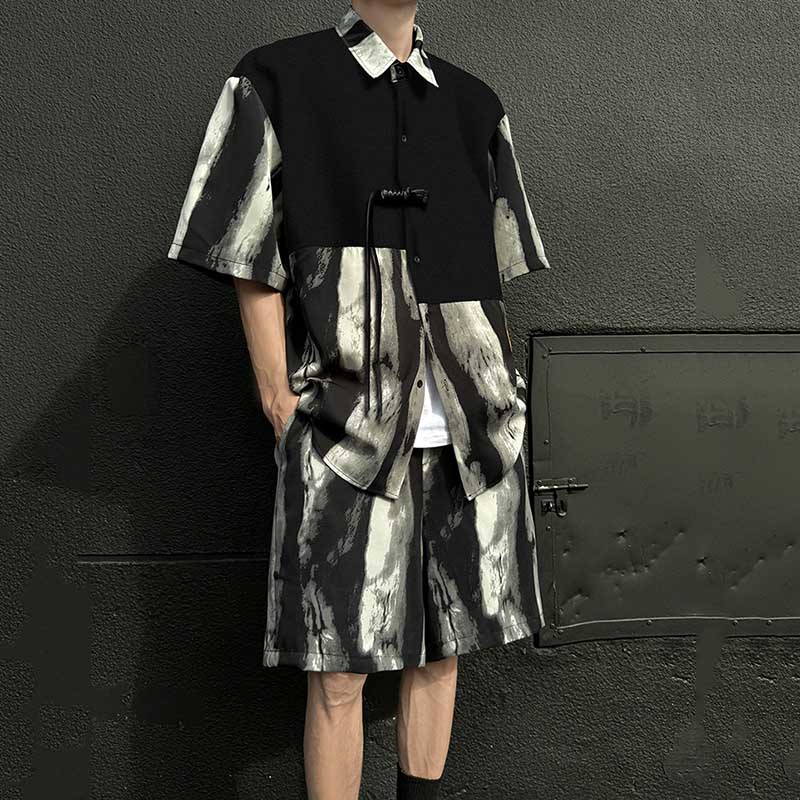 Summer Loose Ice Silk Shirt Ink Tie-dyed Short-sleeved Shorts Two-piece Suit