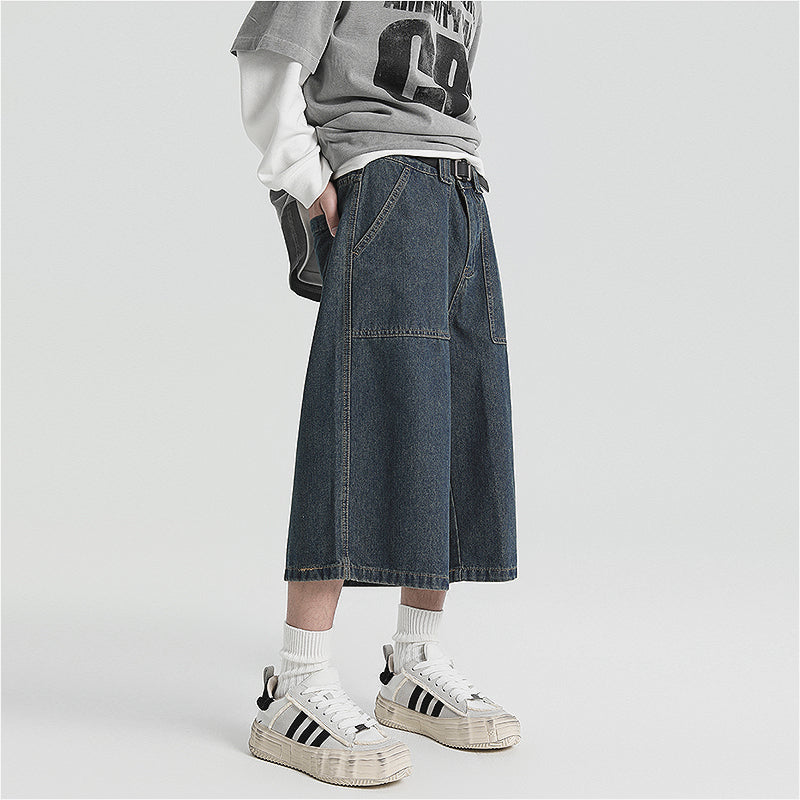 American Denim Cropped Loose Wide-leg Shorts
