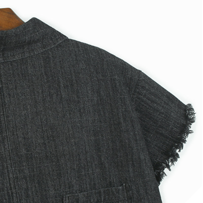 Square Neck Raw Edge Denim Vest Patchwork Jeans Two-Piece Set