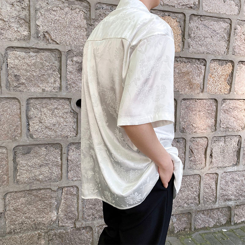 Vintage Jacquard Stand Collar Short Sleeve Shirt