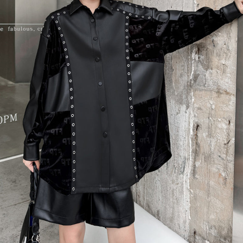 Retro Loose Spliced PU Leather Shirt