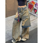 Ripped Fake Two-piece Denim Loose Drape Trousers