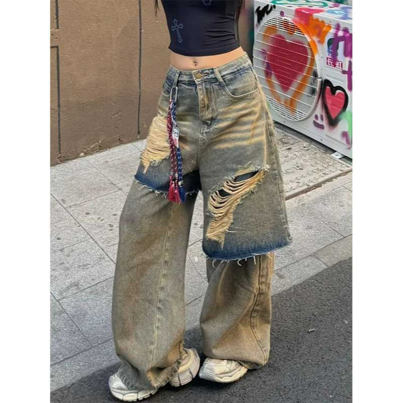 Ripped Fake Two-piece Denim Loose Drape Trousers