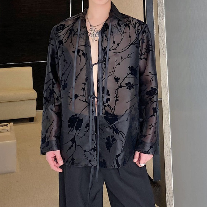 Ribbon Tie Jacquard See-through Shirt