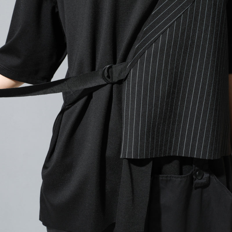 Fake Two-piece Straight Lace-up Striped Patchwork T-shirt