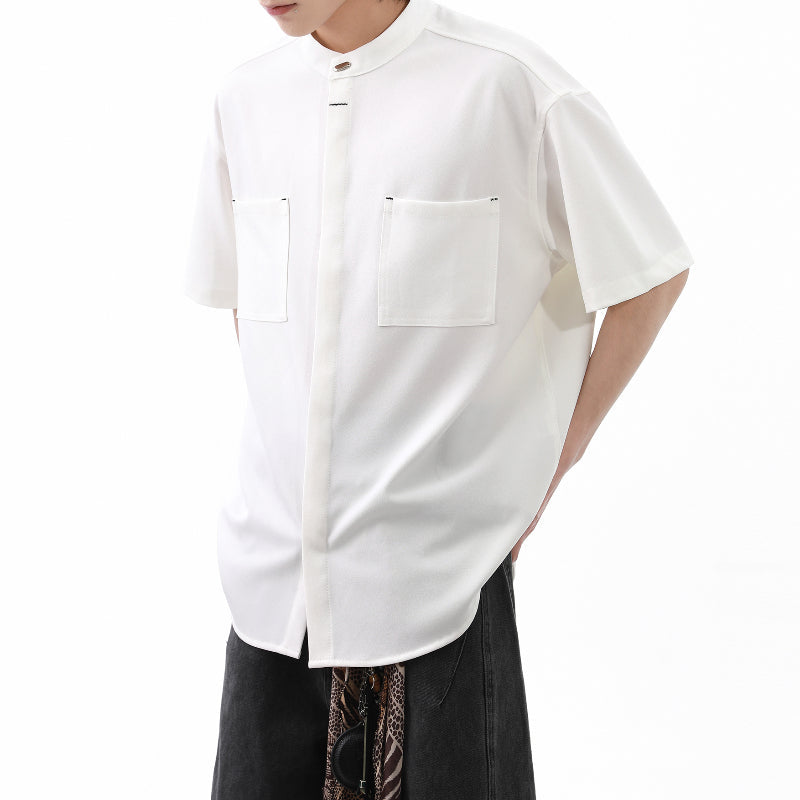 American Black Drape Stand Collar Casual Shirt