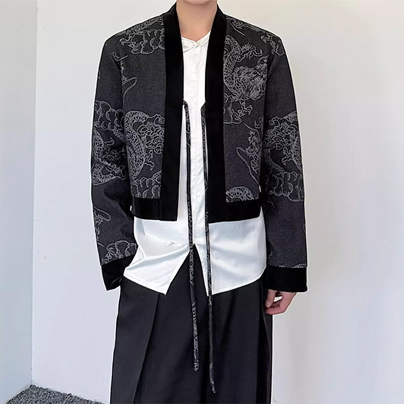 Vintage Jacquard Patchwork Dragon Pattern Denim Jacket