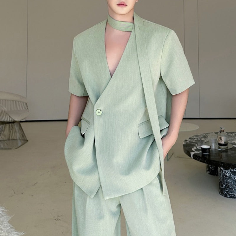 Collarless Ribbon Shoulder Pad Short Sleeve Suit Wide Leg Pants Two Piece Suit
