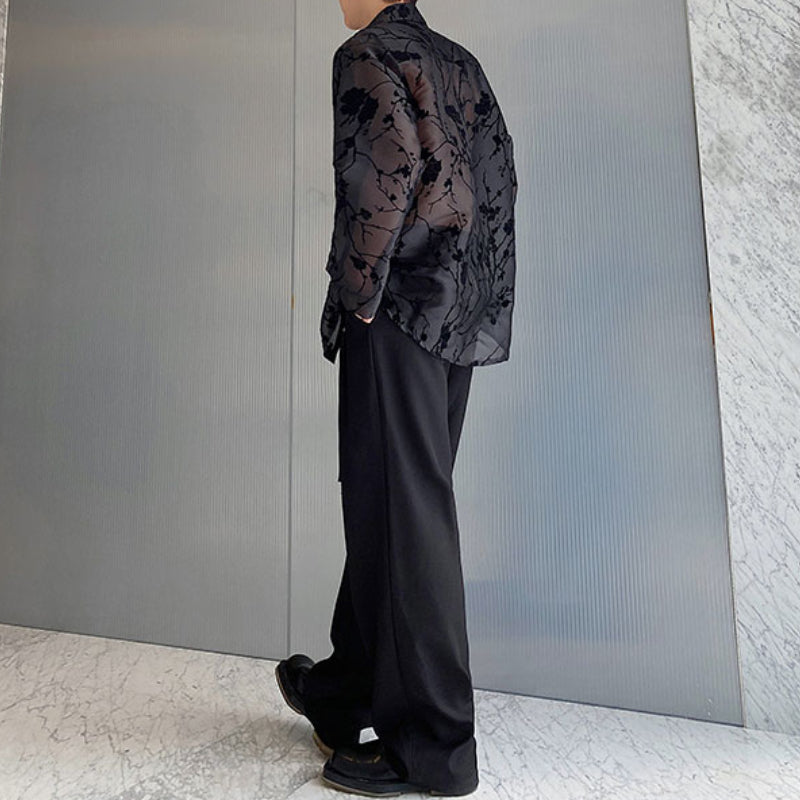 Ribbon Tie Jacquard See-through Shirt