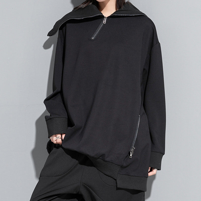 Stand Collar Zipper Loose Irregular Sweatshirt